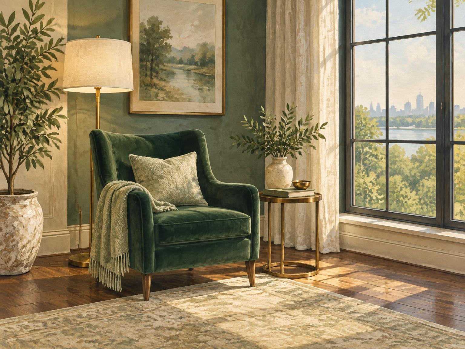 Illustration of a peaceful residential reading corner with plants