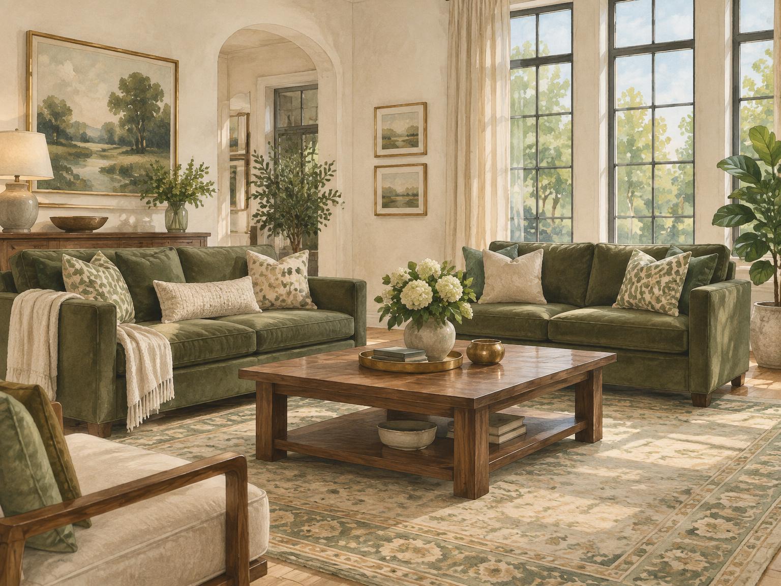 Illustration of a warm furnished living room with comfortable seating